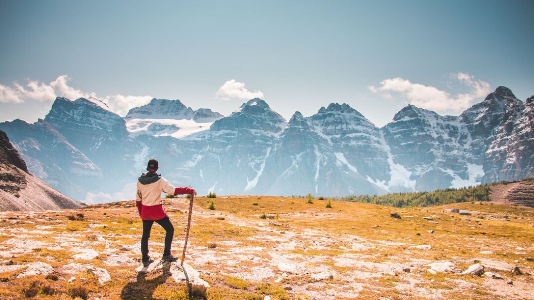 Hiker looking at a mountain range